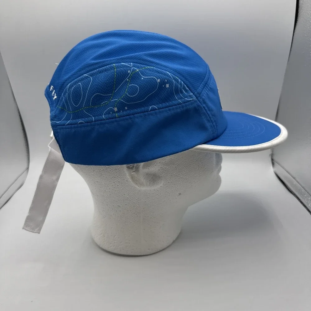 Hoka One One Time to Fly Hat 5 Panel Running Cap Blue Topo Map Trail